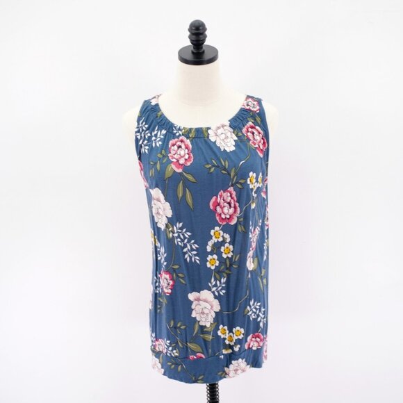 Loft‎ Outlet Medium Blue Floral Green Red Round Neck Sleeveless Blouse / Top - Picture 1 of 9